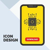 chip. UPC. pastilla. procesador. icono de glifo de tecnología en el móvil para la página de descarga. fondo amarillo vector