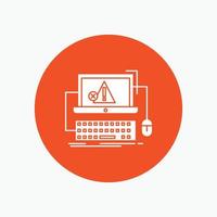 Computer. crash. error. failure. system White Glyph Icon in Circle. Vector Button illustration