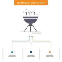 cocinar barbacoa. cámping. alimento. diseño de diagrama de flujo de negocios de parrilla con 3 pasos. icono de glifo para el lugar de plantilla de fondo de presentación para texto. vector