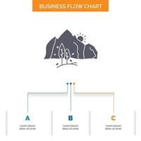 hill. landscape. nature. mountain. tree Business Flow Chart Design with 3 Steps. Glyph Icon For Presentation Background Template Place for text. vector