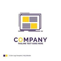 Company Name Logo Design For Content. design. frame. page. text. Purple and yellow Brand Name Design with place for Tagline. Creative Logo template for Small and Large Business. vector