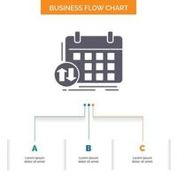 calendario. clases calendario. cita. diseño de diagrama de flujo de negocios de eventos con 3 pasos. icono de glifo para el lugar de plantilla de fondo de presentación para texto. vector