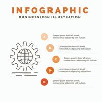 internacional. negocio. globo. en todo el mundo. plantilla de infografía de engranajes para sitio web y presentación. icono de línea gris con ilustración de vector de estilo infográfico naranja