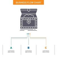 Box. chest. gold. reward. treasure Business Flow Chart Design with 3 Steps. Glyph Icon For Presentation Background Template Place for text. vector