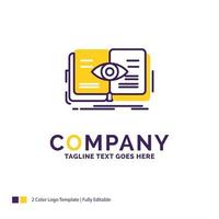 Company Name Logo Design For knowledge. book. eye. view. growth. Purple and yellow Brand Name Design with place for Tagline. Creative Logo template for Small and Large Business. vector