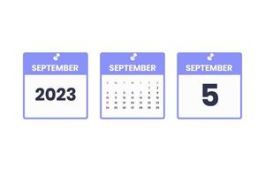 September calendar design. September 5 2023 calendar icon for schedule, appointment, important date concept vector