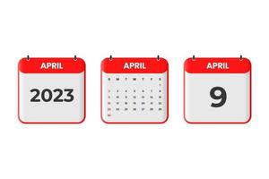 diseño de calendario de abril de 2023. 9 de abril de 2023 icono de calendario para horario, cita, concepto de fecha importante vector