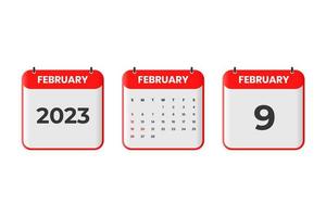 diseño de calendario de febrero de 2023. 9 de febrero de 2023 icono de calendario para horario, cita, concepto de fecha importante vector