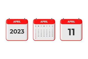 diseño de calendario de abril de 2023. 11 de abril de 2023 icono de calendario para horario, cita, concepto de fecha importante vector