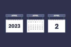 2 de abril de 2023 icono de calendario para horario, cita, concepto de fecha importante vector