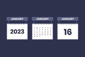 16 de enero de 2023 icono de calendario para horario, cita, concepto de fecha importante vector