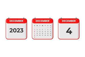 diseño de calendario de diciembre de 2023. 4 de diciembre de 2023 icono de calendario para horario, cita, concepto de fecha importante vector