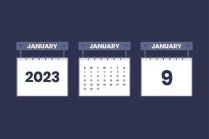 9 January 2023 calendar icon for schedule, appointment, important date concept vector