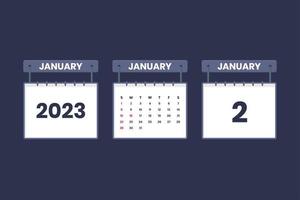 2 de enero de 2023 icono de calendario para horario, cita, concepto de fecha importante vector