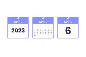 April calendar design. April 6 2023 calendar icon for schedule, appointment, important date concept vector