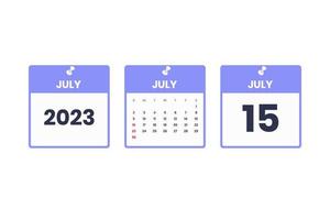 diseño de calendario de julio. 15 de julio de 2023 icono de calendario para horario, cita, concepto de fecha importante vector