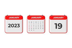 January 2023 calendar design. 19th January 2023 calendar icon for schedule, appointment, important date concept vector