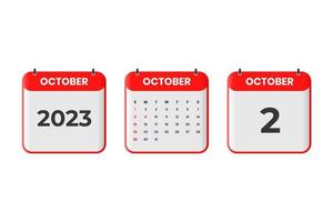 October 2023 calendar design. 2nd October 2023 calendar icon for schedule, appointment, important date concept vector