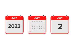 July 2023 calendar design. 2nd July 2023 calendar icon for schedule, appointment, important date concept vector