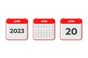 June 2023 calendar design. 20th June 2023 calendar icon for schedule, appointment, important date concept vector