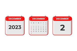 December 2023 calendar design. 2nd December 2023 calendar icon for schedule, appointment, important date concept vector