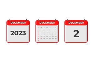 diseño de calendario de diciembre de 2023. 2 de diciembre de 2023 icono de calendario para horario, cita, concepto de fecha importante vector