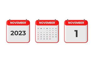 November 2023 calendar design. 1st November 2023 calendar icon for schedule, appointment, important date concept vector