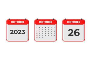 October 2023 calendar design. 26th October 2023 calendar icon for schedule, appointment, important date concept vector