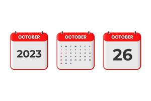 October 2023 calendar design. 26th October 2023 calendar icon for schedule, appointment, important date concept vector