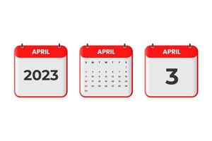 April 2023 calendar design. 3rd April 2023 calendar icon for schedule, appointment, important date concept vector