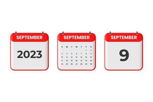 diseño de calendario de septiembre de 2023. 9 de septiembre de 2023 icono de calendario para horario, cita, concepto de fecha importante vector