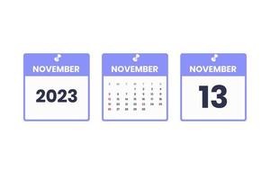 November calendar design. November 13 2023 calendar icon for schedule, appointment, important date concept vector
