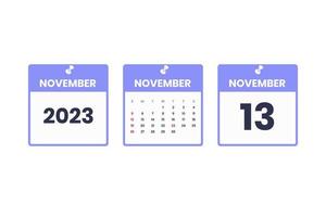 November calendar design. November 13 2023 calendar icon for schedule, appointment, important date concept vector