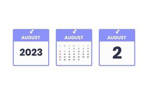 August calendar design. August 2 2023 calendar icon for schedule, appointment, important date concept vector