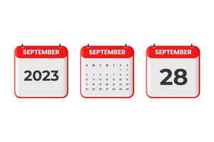 diseño de calendario de septiembre de 2023. 28 de septiembre de 2023 icono de calendario para horario, cita, concepto de fecha importante vector