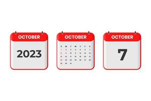 October 2023 calendar design. 7th October 2023 calendar icon for schedule, appointment, important date concept vector