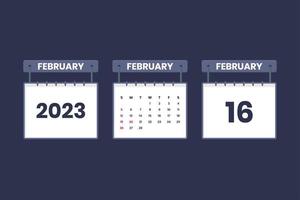 16 de febrero de 2023 icono de calendario para horario, cita, concepto de fecha importante vector