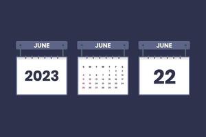 22 June 2023 calendar icon for schedule, appointment, important date concept vector