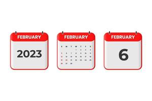 February 2023 calendar design. 6th February 2023 calendar icon for schedule, appointment, important date concept vector
