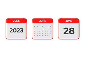 June 2023 calendar design. 28th June 2023 calendar icon for schedule, appointment, important date concept vector