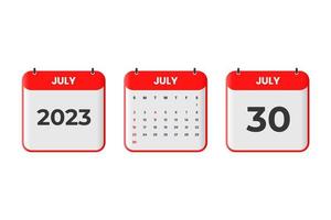 Diseño de calendario de julio de 2023. 30 de julio de 2023 icono de calendario para horario, cita, concepto de fecha importante vector