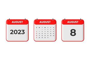 August 2023 calendar design. 8th August 2023 calendar icon for schedule, appointment, important date concept vector