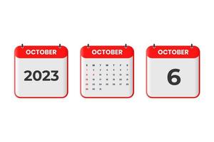 October 2023 calendar design. 6th October 2023 calendar icon for schedule, appointment, important date concept vector