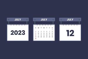 12 July 2023 calendar icon for schedule, appointment, important date concept vector