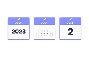 July calendar design. July 2 2023 calendar icon for schedule, appointment, important date concept vector