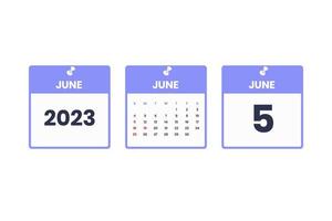 June calendar design. June 5 2023 calendar icon for schedule, appointment, important date concept vector