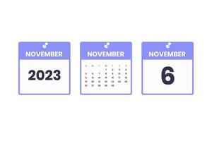 November calendar design. November 6 2023 calendar icon for schedule, appointment, important date concept vector