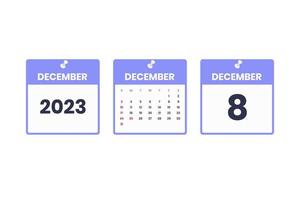 December calendar design. December 8 2023 calendar icon for schedule, appointment, important date concept vector