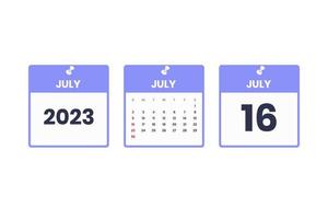 July calendar design. July 16 2023 calendar icon for schedule, appointment, important date concept vector