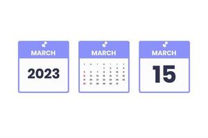 March calendar design. March 15 2023 calendar icon for schedule, appointment, important date concept vector